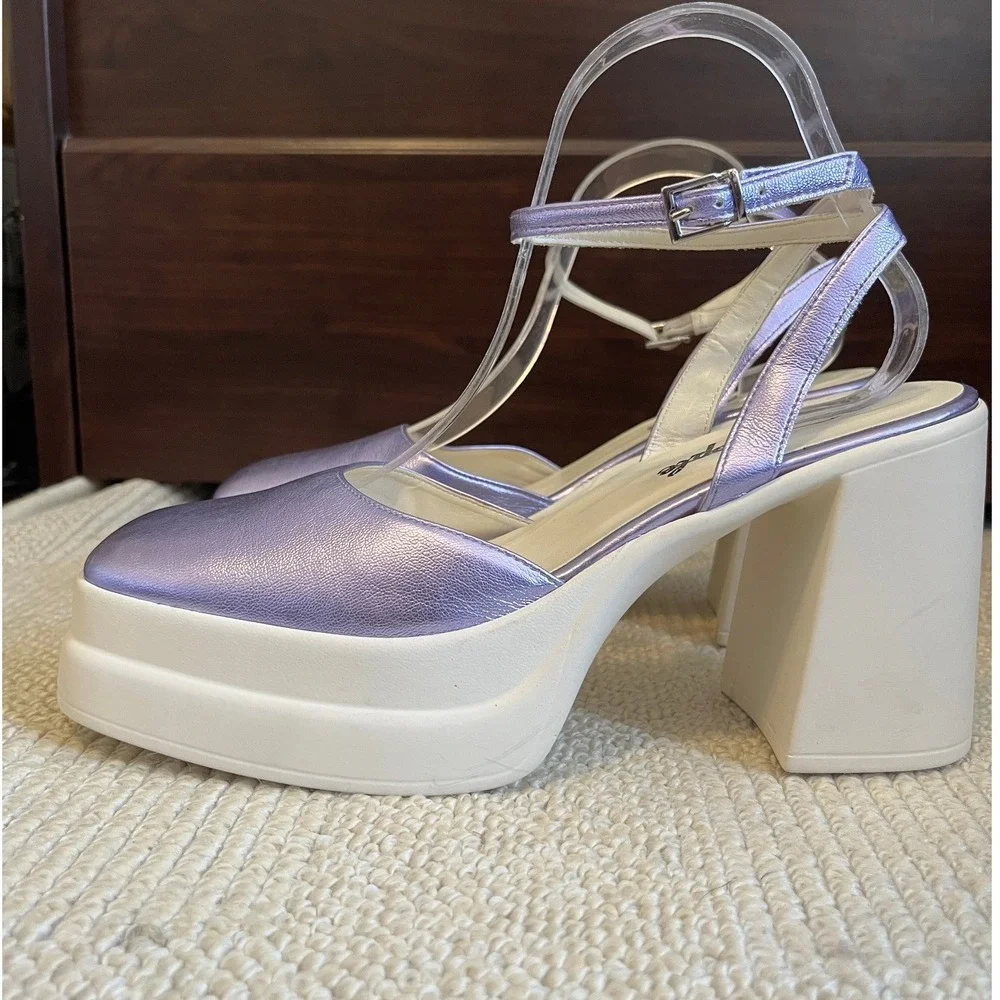 Free People Women Double Stacked Chunky Platform Leather‎ Mary Jane Purple sz 40